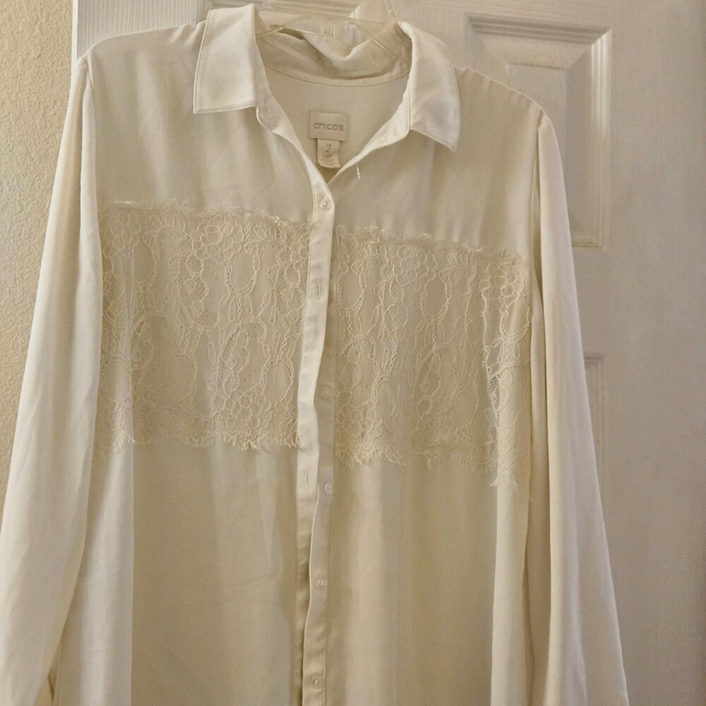 Chico's ivory creme long sleeve button down lace Work tunic blouse old money L - Picture 3 of 10